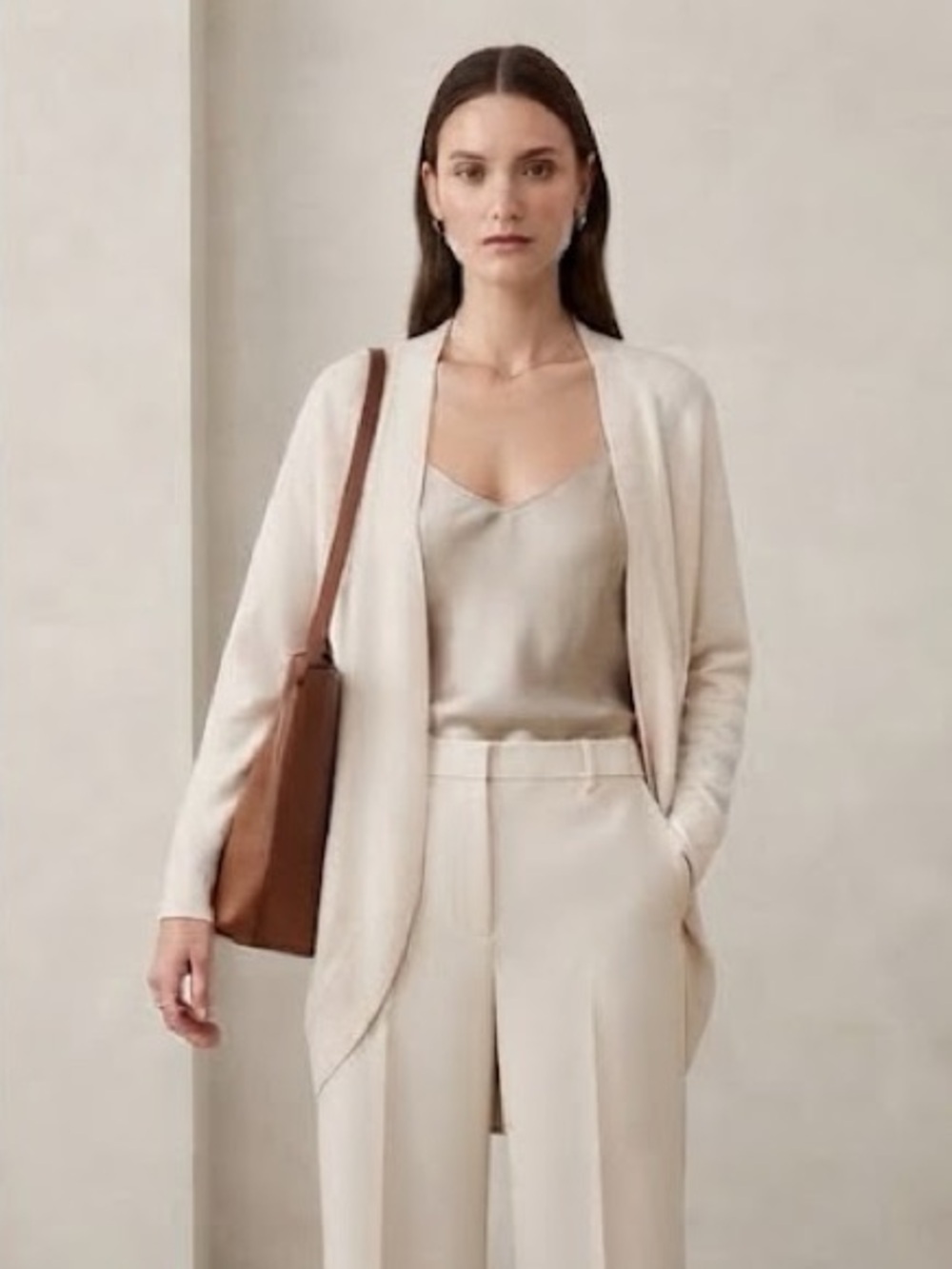Babaton Oversized Open Front Cardigan Ivory Cream Rounded Curve Finished Bottom